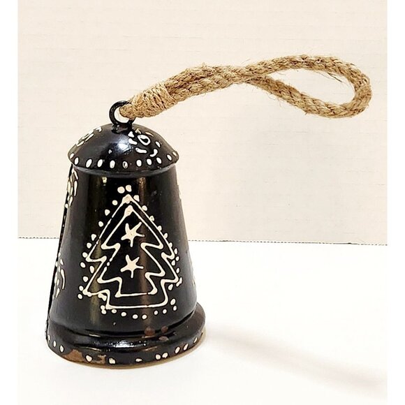 Swedish Christmas Bell Metal Hand Painted Black & White Christmas Tree Jute 5" - Picture 2 of 10